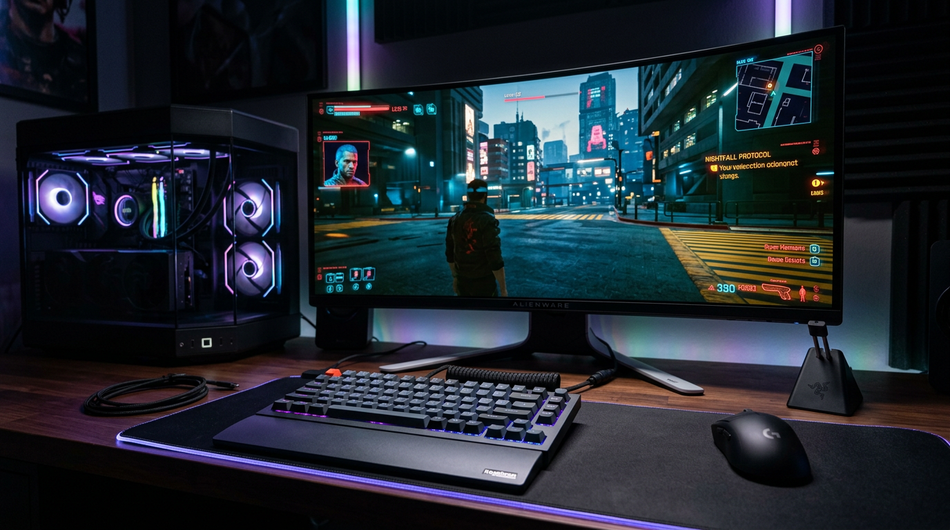 High-end games PC setup with RGB mechanical keyboard and ultrawide monitor