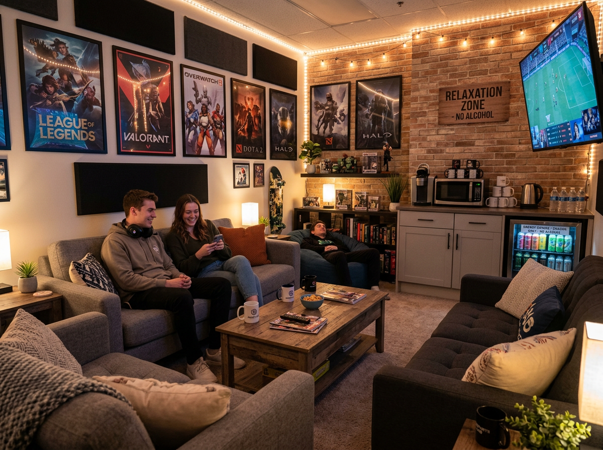 Games club comfortable lounge area with sofas and ambient lighting