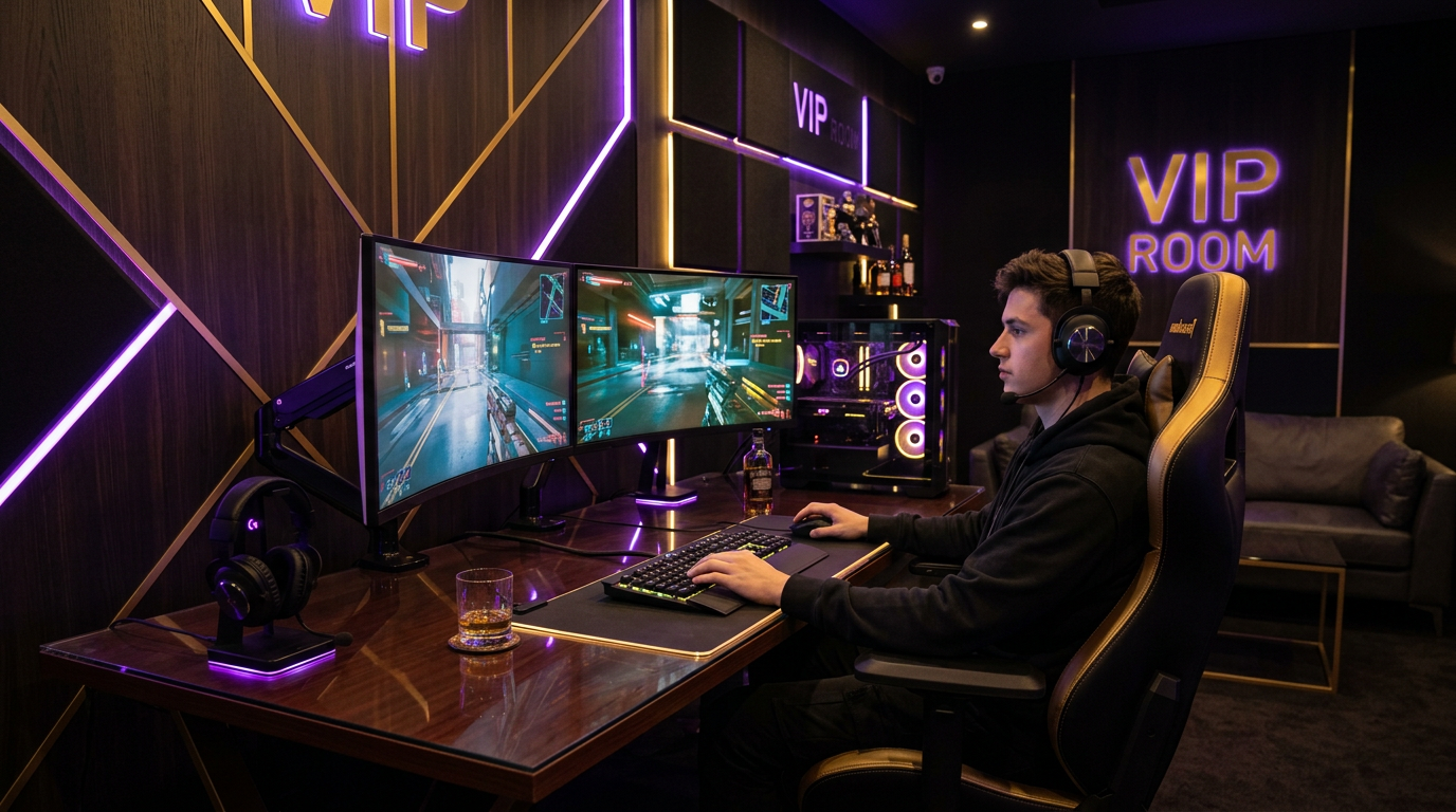 VIP private games room with luxury purple and gold lighting